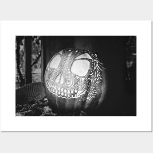 Glowing Halloween Pumpkin Black and White Posters and Art